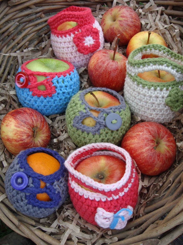 crochet fruit cosies in basket